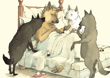 Illustrazione di Helen Oxenbury tratto da "I tre lupacchiotti e il grande maiale cattivo", Logos, 2021
