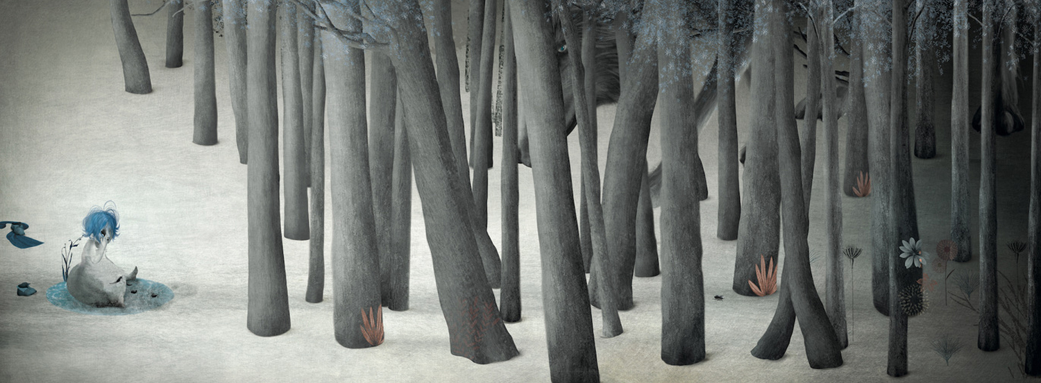 Illustrazione di Gabriel Pacheco tratto dal libro "Cappuccetto rosso (primo sogno) " Logos, 2021