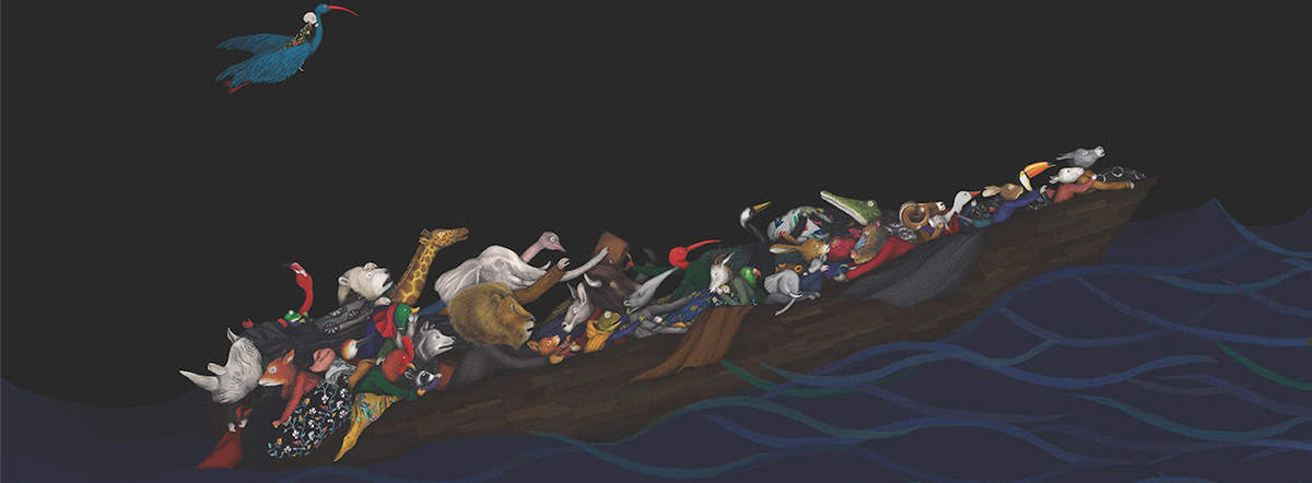 Illustrazione di Issa Watanabe tratto dal libro "Migranti", Logos 2020