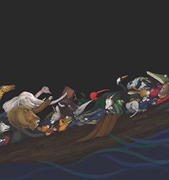 Illustrazione di Issa Watanabe tratto dal libro "Migranti", Logos 2020