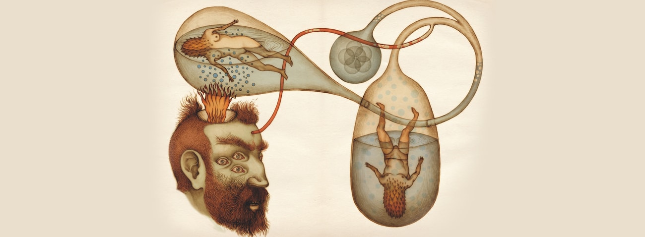 Illustrazione di Claudio Romo tratto dal libro "Viaggio nel fantasmagorico giardino di Apparitio Albinus", Logos 2016