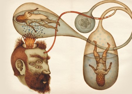 Illustrazione di Claudio Romo tratto dal libro "Viaggio nel fantasmagorico giardino di Apparitio Albinus", Logos 2016